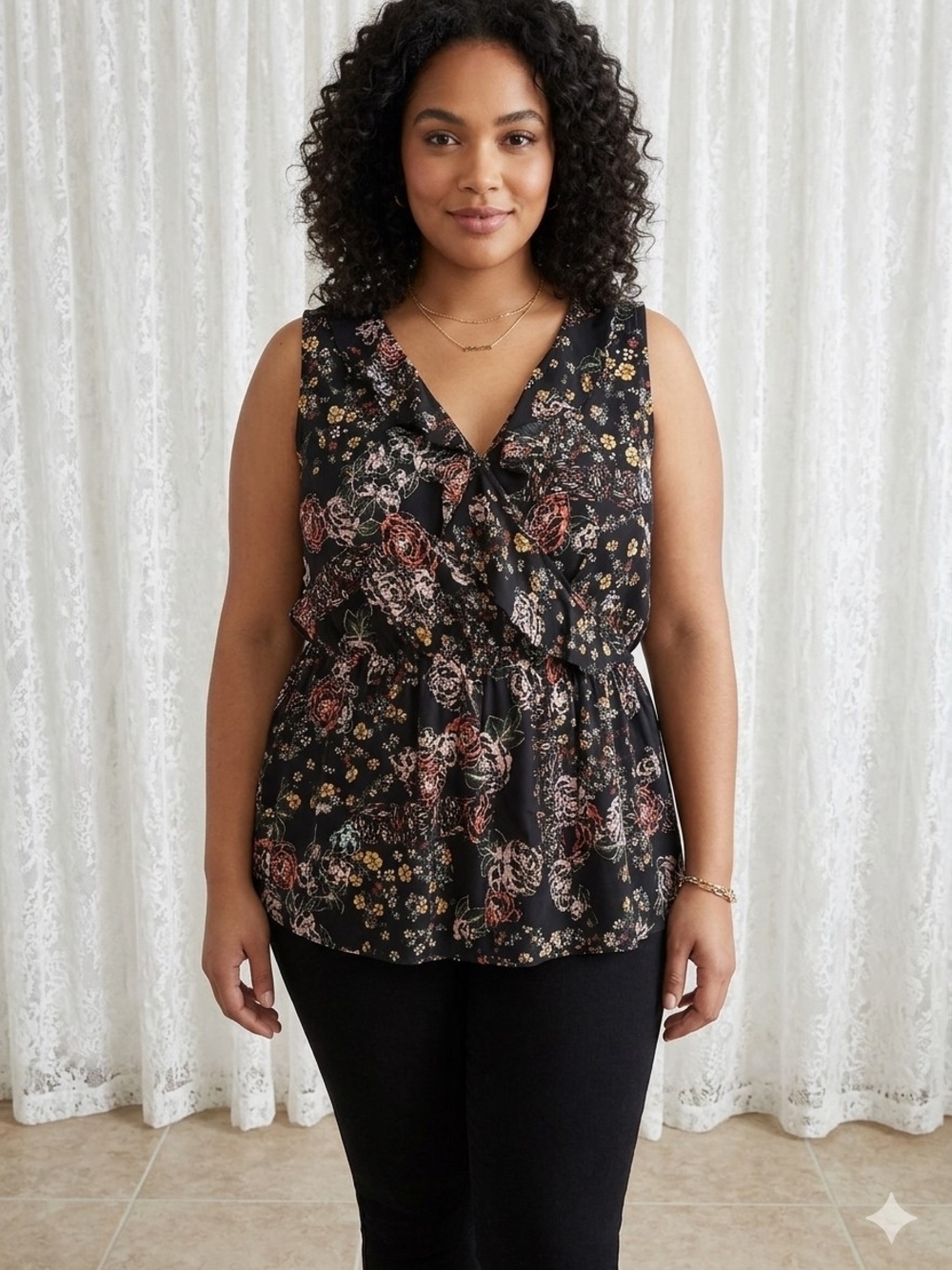 ​NWT Maurices Black Floral Surplice Peplum Blouse Ruffle Sleeveless Plus Size 2X